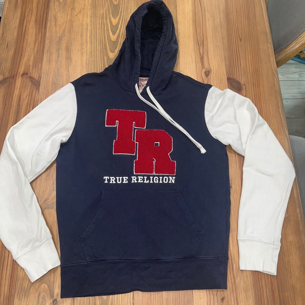 True Religion Hoodie Mens Size S/P Pullover Long Sleeve Blue Red White - Picture 3 of 11